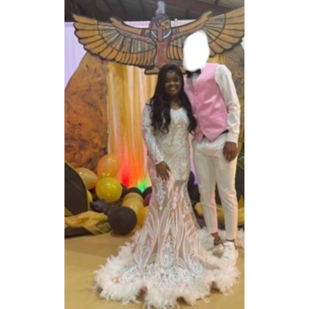 Elegant White(LitePink/BabyBlue)CustomMade MermaidFeather(Bottom)PromDress - Picture 5 of 6